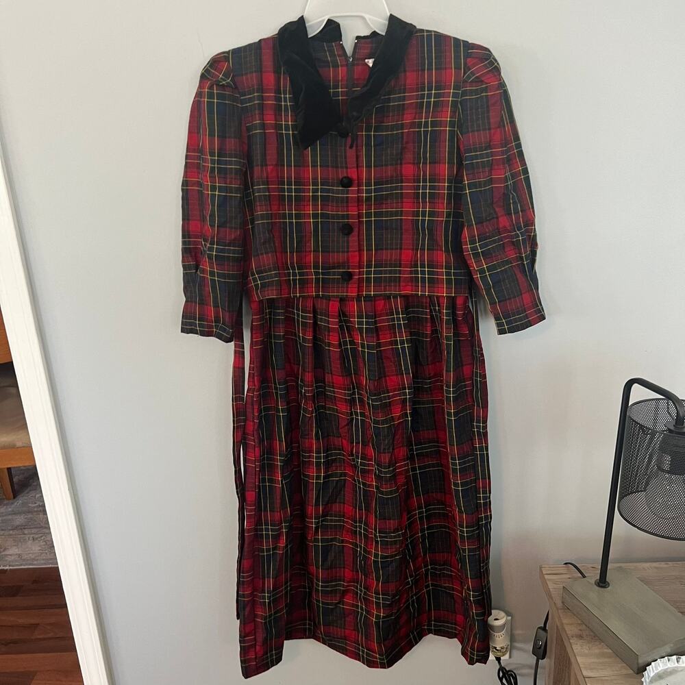 Vintage Miss Dorby Red Plaid Midi Dress Women's Size 8 Belted Shoulder Pads